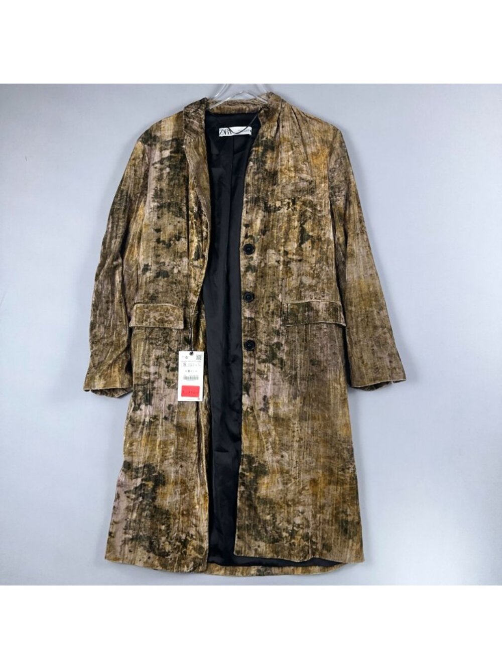 Zara Tie-Dye Velvet Long Coat Size Small Brown Gold Bbstract Pattern - Picture 5 of 14